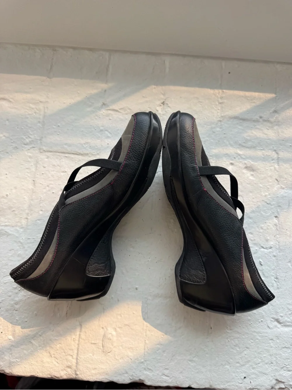 Women’s Black Wedge Mary Jane Shoes with Subtle Pink Stitching